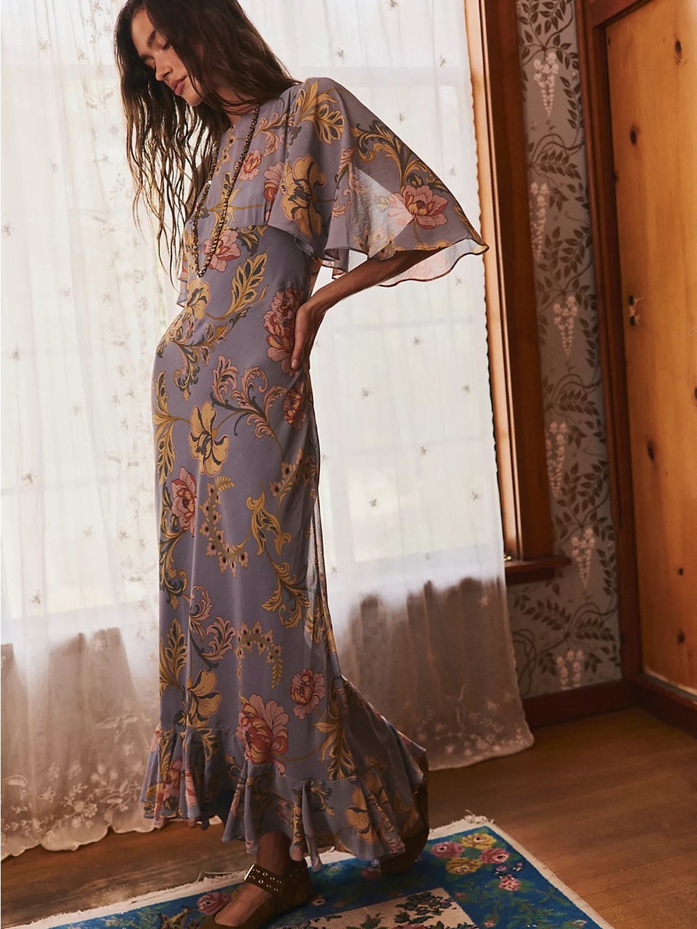 Free People Dusty Blue Floral Midi Dress